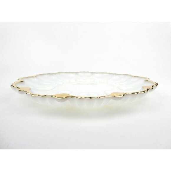 Vintage Anchor Hocking Milk Glass Deviled Egg Plate With Gold Trim - Picture 7 of 16